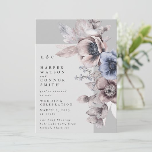 Modern Light Grey Dry Winter Floral Wedding Kaart (Staand voorkant)