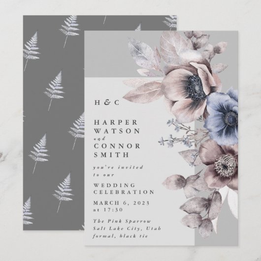 Modern Light Grey Dry Winter Floral Wedding Kaart (Voorkant / Achterkant)