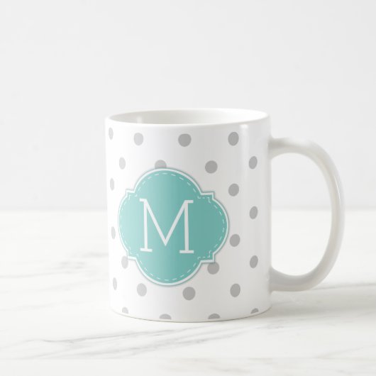 Modern Light Grey Polka-stippen met blauw monogram Koffiemok (Rechts)