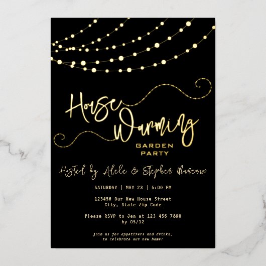 Modern Light String Script Housewarming Party Goud Folie Uitnodiging (Voorkant)