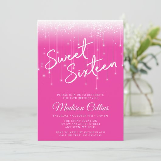 Modern Lights Hot Pink Sweet 16 Kaart (Staand voorkant)