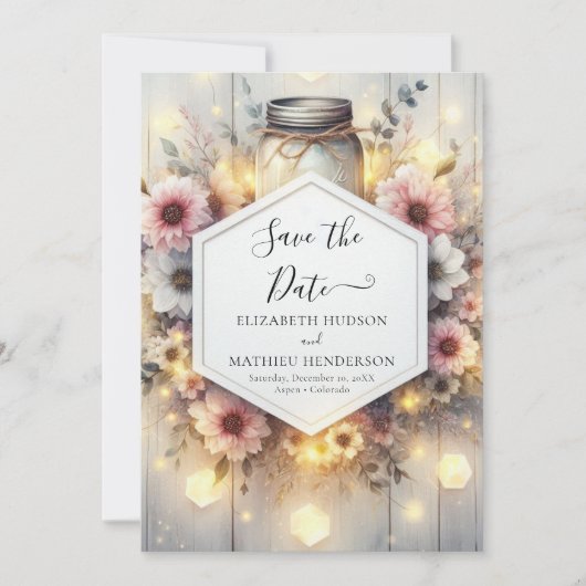 Modern Lights Mason Jar Wedding Save The Date (Voorkant)