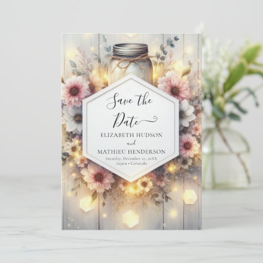 Modern Lights Mason Jar Wedding Save The Date (Staand voorkant)