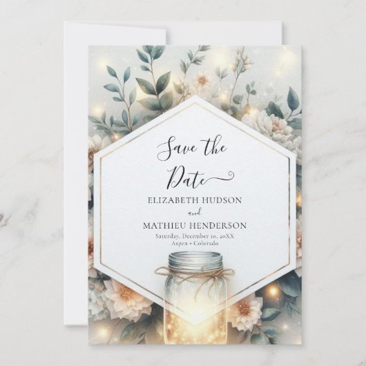 Modern Lights Mason Jar Wedding Save The Date (Voorkant)