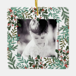 Modern Lijst Botanische Bloemen Kerstmis Twee foto Keramisch Ornament