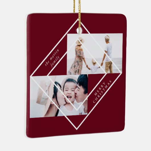 Modern Lijst Burgundy Two Photo Merry Kerstmis Keramisch Ornament (Rechts)