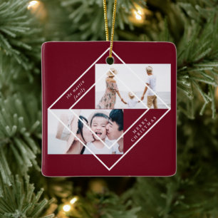 Modern Lijst Burgundy Two Photo Merry Kerstmis Keramisch Ornament