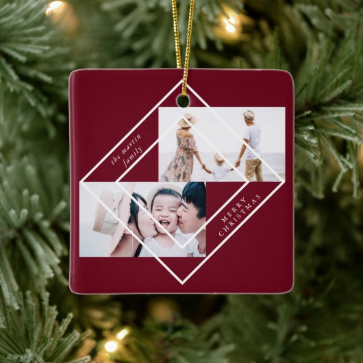 Modern Lijst Burgundy Two Photo Merry Kerstmis Keramisch Ornament (Boom)