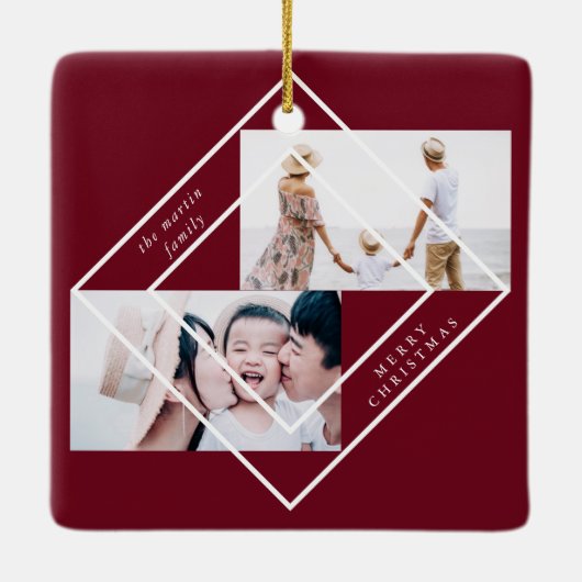 Modern Lijst Burgundy Two Photo Merry Kerstmis Keramisch Ornament (Achterkant)