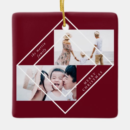 Modern Lijst Burgundy Two Photo Merry Kerstmis Keramisch Ornament (Voorkant)