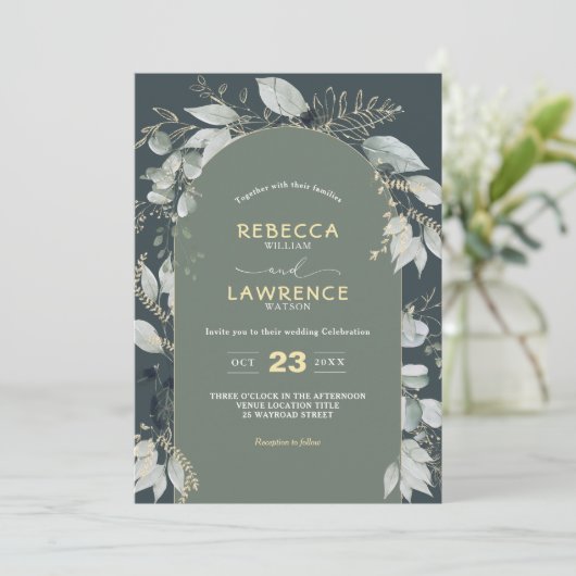 Modern lijst groen gebladerte bruiloft kaart (Staand voorkant)