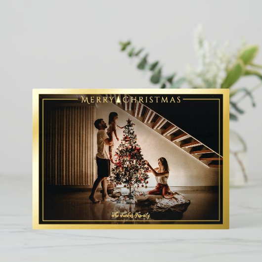 Modern Lijst Merry kerstfoto Green Gold Folie Feestdagenkaart (Staand Voorkant)