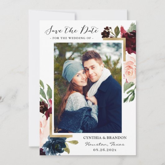 Modern Lijst Roze Bloemen Foto Save The Date (Voorkant)