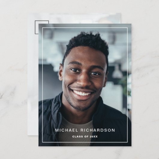 Modern Lijst | Verticale twee foto afstudeerfeest Uitnodiging Briefkaart (Voorkant / Achterkant)