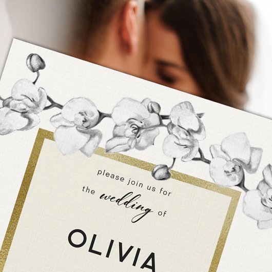 Modern Lijst Zwart Wit Orchideeën Goud Bruiloft Kaart