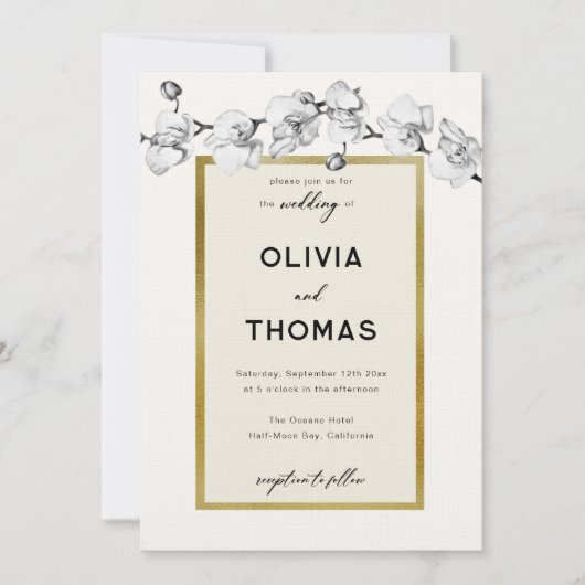 Modern Lijst Zwart Wit Orchideeën Goud Bruiloft Kaart (Voorkant)