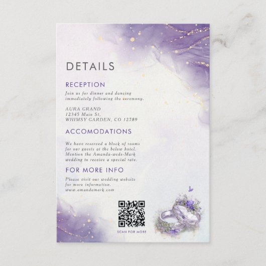 Modern Lila bruiloft uitnodigingsdetail Informatiekaartje (Voorkant)