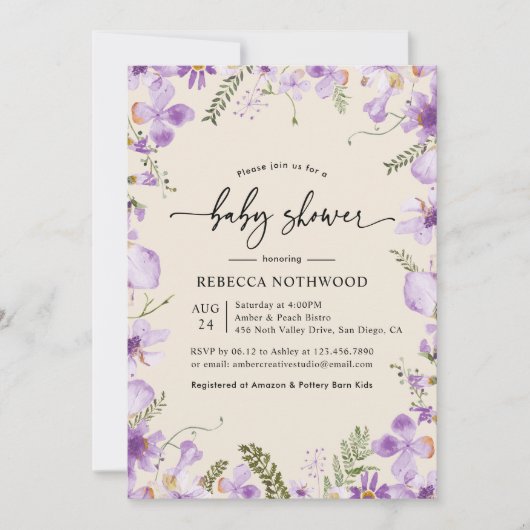 Modern Lila Mauve Florals Baby shower Kaart (Voorkant)