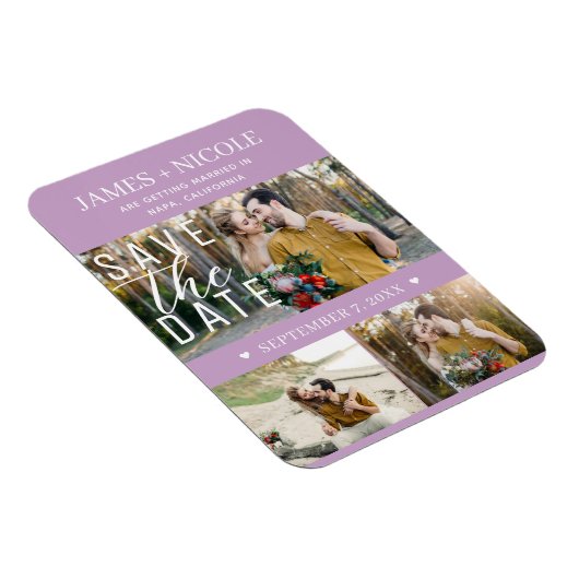 Modern Lila Paarse Save the Date Wedding 3 Foto's Magneet (Rechterzijde)