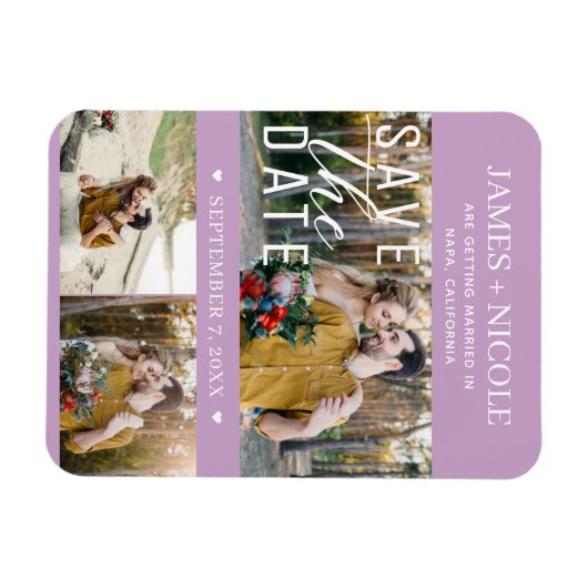 Modern Lila Paarse Save the Date Wedding 3 Foto's Magneet (Horizontaal)