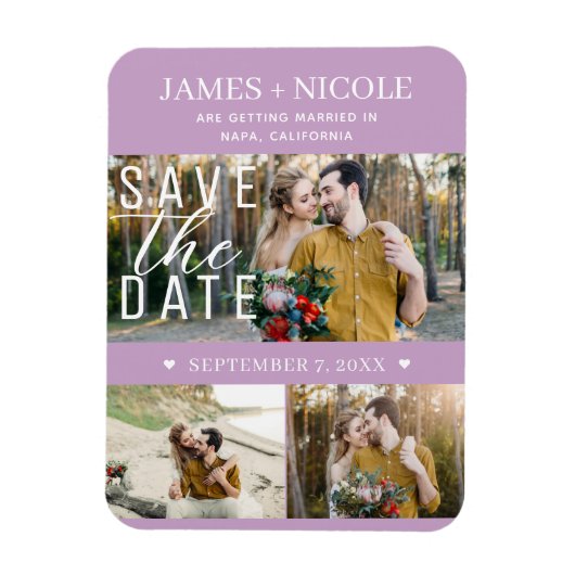Modern Lila Paarse Save the Date Wedding 3 Foto's Magneet (Verticaal)