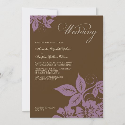 Modern Lilac/Brown Floral Wedding Invitation Kaart (Voorkant)