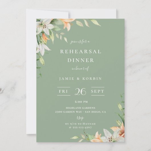 Modern Lily Bloemen Sage Groen Repetitie Diner Kaart (Voorkant)