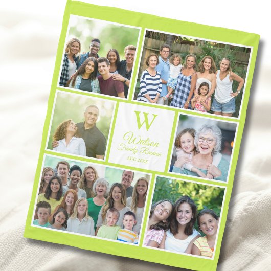 Modern Lime Green Family Reunion Monogram Photo  Fleece Deken