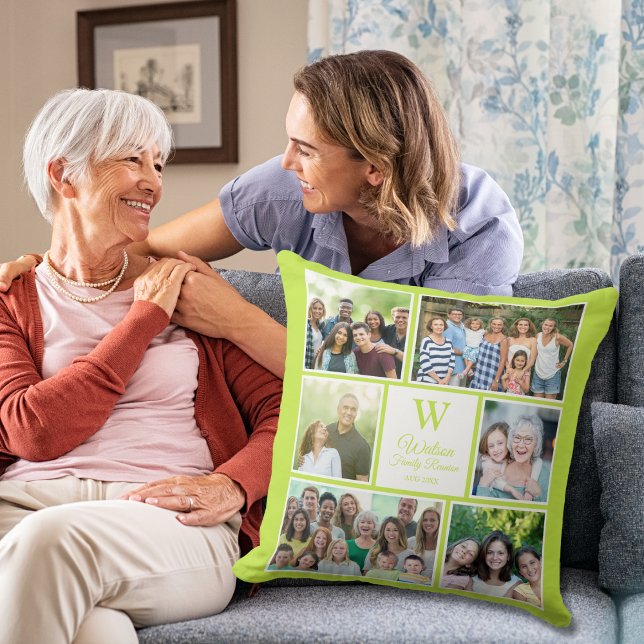 Modern Lime Green Family Reunion Monogram Photo  Kussen (Creator heeft geüpload)