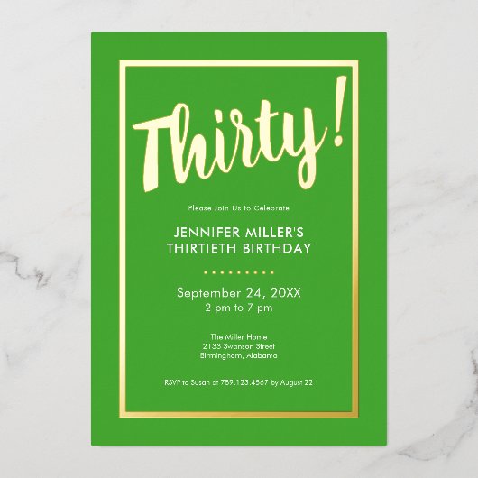 Modern Lime Green & Gold Folie 30e verjaardag Folie Uitnodiging (Voorkant)