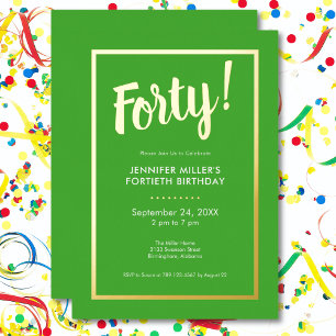Modern Lime Green & Gold Folie 40e verjaardag Folie Uitnodiging