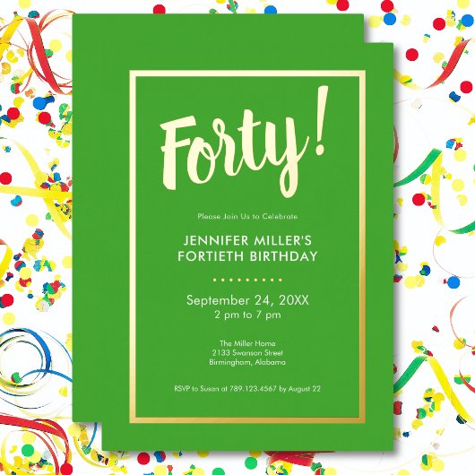 Modern Lime Green & Gold Folie 40e verjaardag Folie Uitnodiging