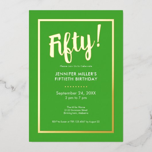 Modern Lime Green & Gold Folie 50e verjaardag Uitnodiging (Voorkant)
