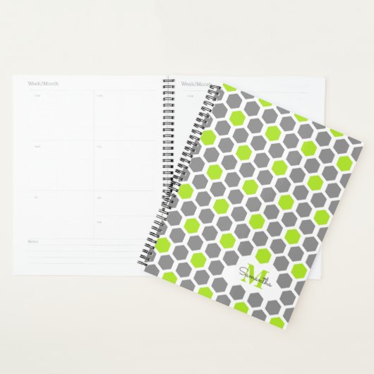 Modern Lime Green Grey Geometric Pattern Monogram Planner (Display)