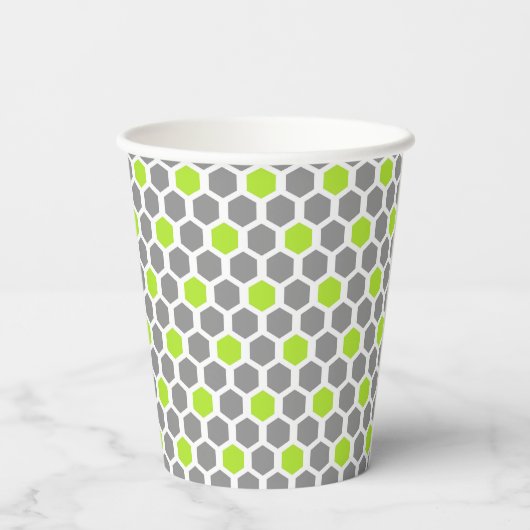Modern Lime Green Grey Hexagon Pattern Papieren Bekers (Achterkant)