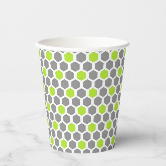 Modern Lime Green Grey Hexagon Pattern Papieren Bekers (Voorkant)