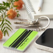 Modern Lime Green Racing Stripes met naam Sleutelhanger (Voorkant Rechts)