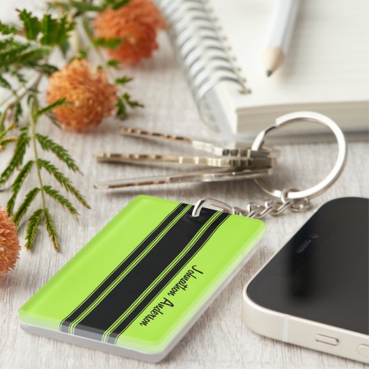 Modern Lime Green Racing Stripes met naam Sleutelhanger (Voorkant Rechts)