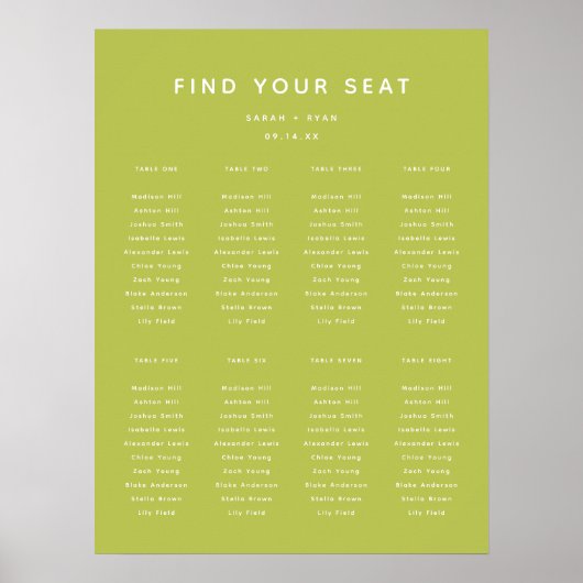 Modern Lime Green Wedding 8-Table Seating Chart Poster (Voorkant)