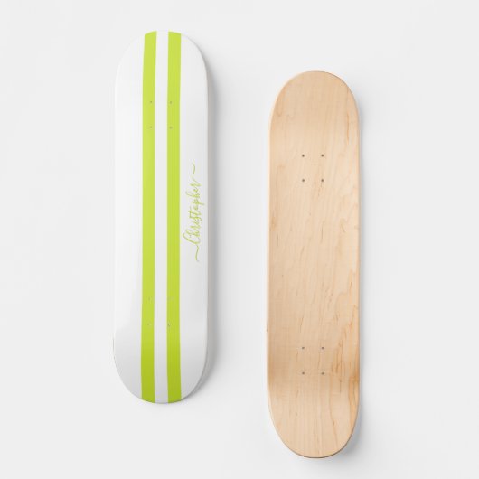 Modern Lime Green White Racing Stripes Monogramed Persoonlijk Skateboard (Voorkant)