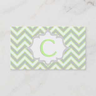 Modern lime groen, grijs chevron monogram visitekaartje