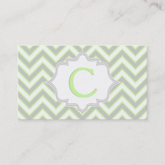 Modern lime groen, grijs chevron monogram visitekaartje (Voorkant)