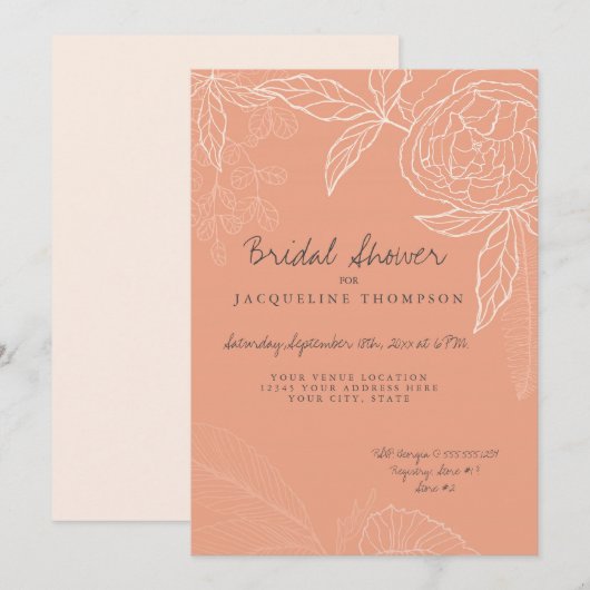 Modern Line Art Blush Peach Floral Peony Bridal Kaart (Voorkant / Achterkant)
