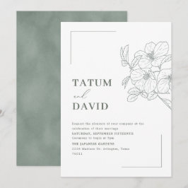 Modern Line Art Floral Green Wedding Invite Kaart