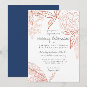 Modern Line Art Floral Peony Navy Oranje Leaf Kaart