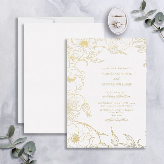Modern Line Art Floral Wedding Gold Folie Uitnodiging