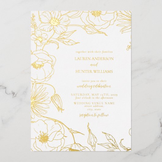 Modern Line Art Floral Wedding Gold Folie Uitnodiging (Voorkant)