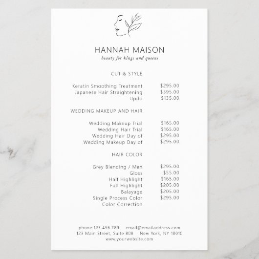 Modern, Line Art, Vrouw, Blad, Salon, Prijslijst Flyer (Voorkant)