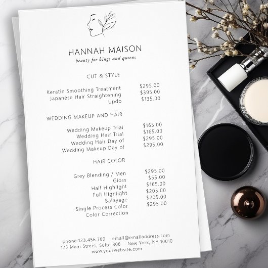 Modern, Line Art, Vrouw, Blad, Salon, Prijslijst Flyer