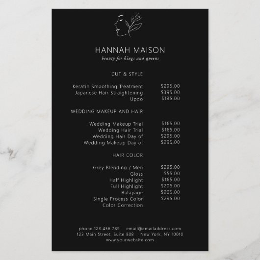 Modern, Line Art, Vrouw, Blad, Salon, Prijslijst Flyer (Voorkant)